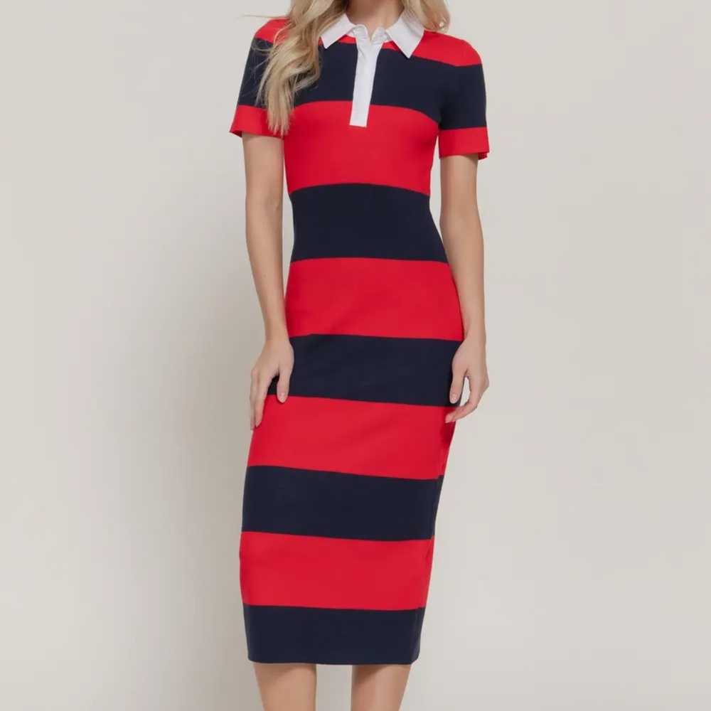 Striped Polo Midi Dress in Red and Navy - Picture 2 of 3
